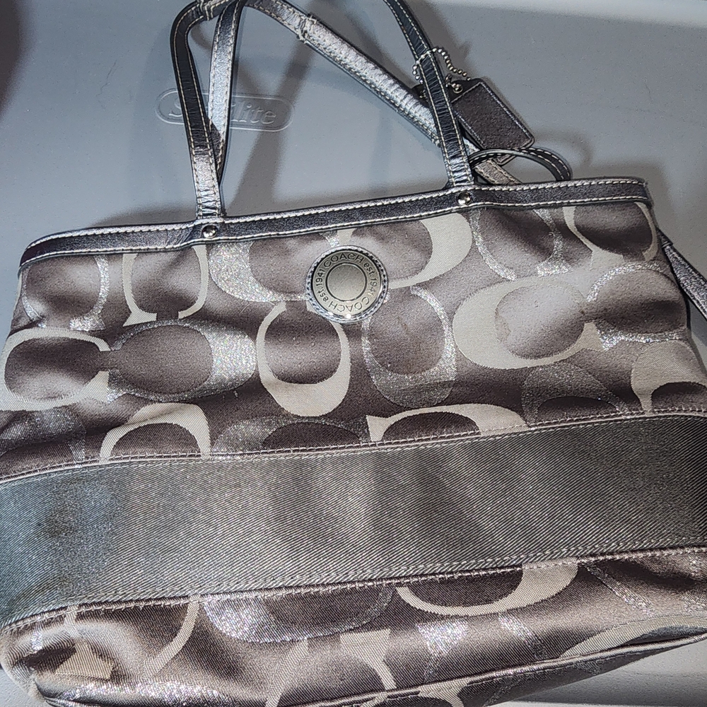 Coach Metallic Signature Tote in Silver and Gray
